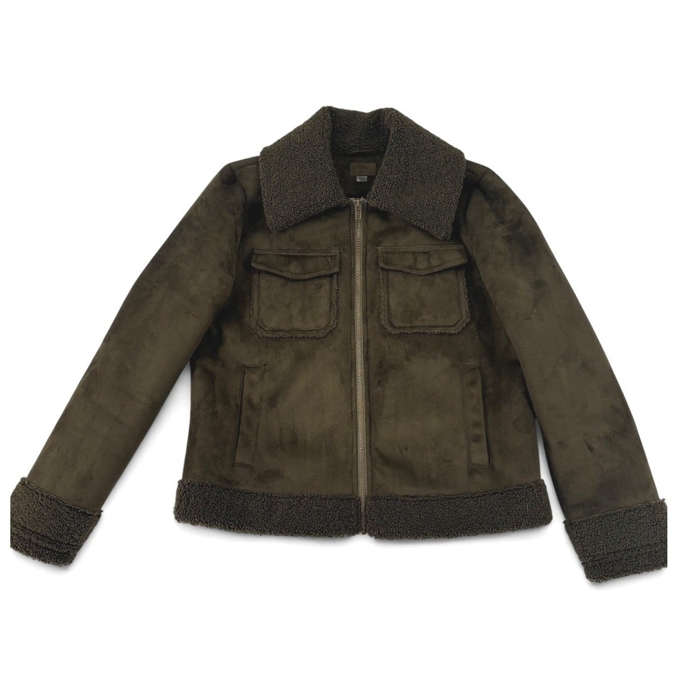 Mother Bomber Jacket Womens Small Olive Green Excellent Faux Suede Sherpa Lined